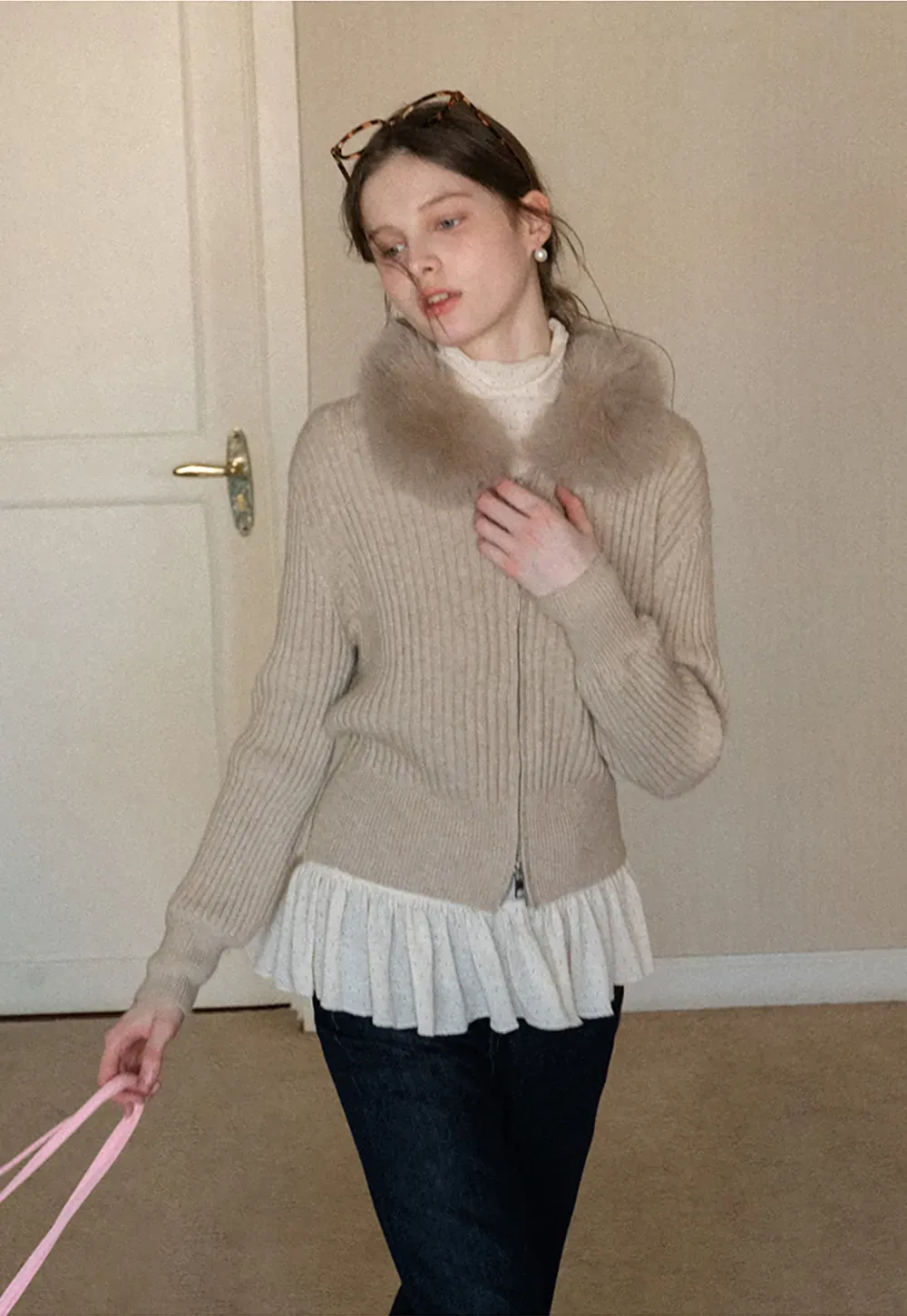 Ribbed knit sweater with fur collar detail