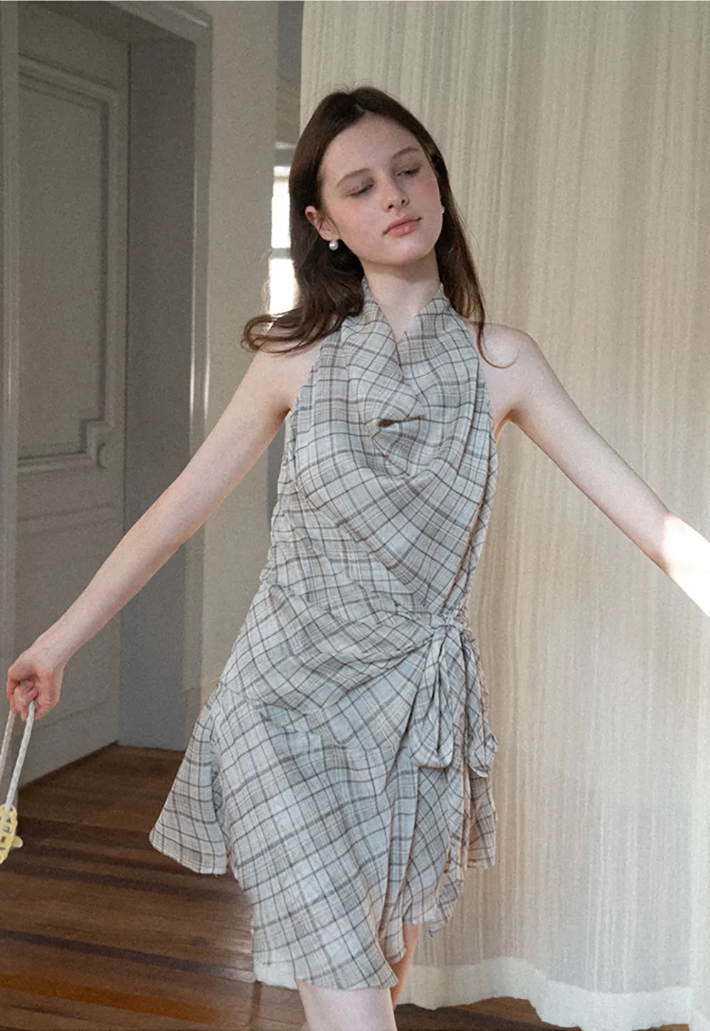 Plaid Halter Neck Wrap Dress with Side Tie