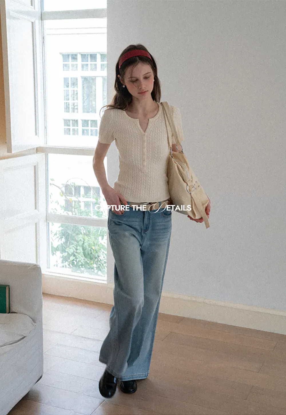 Cable Knit Short Sleeve V Neck Sweater