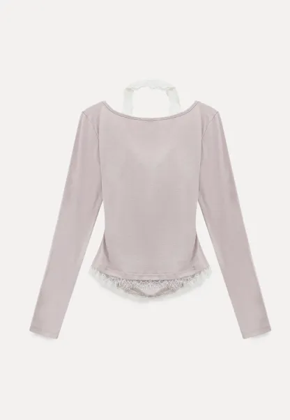 Long sleeve Henley top with lace trim