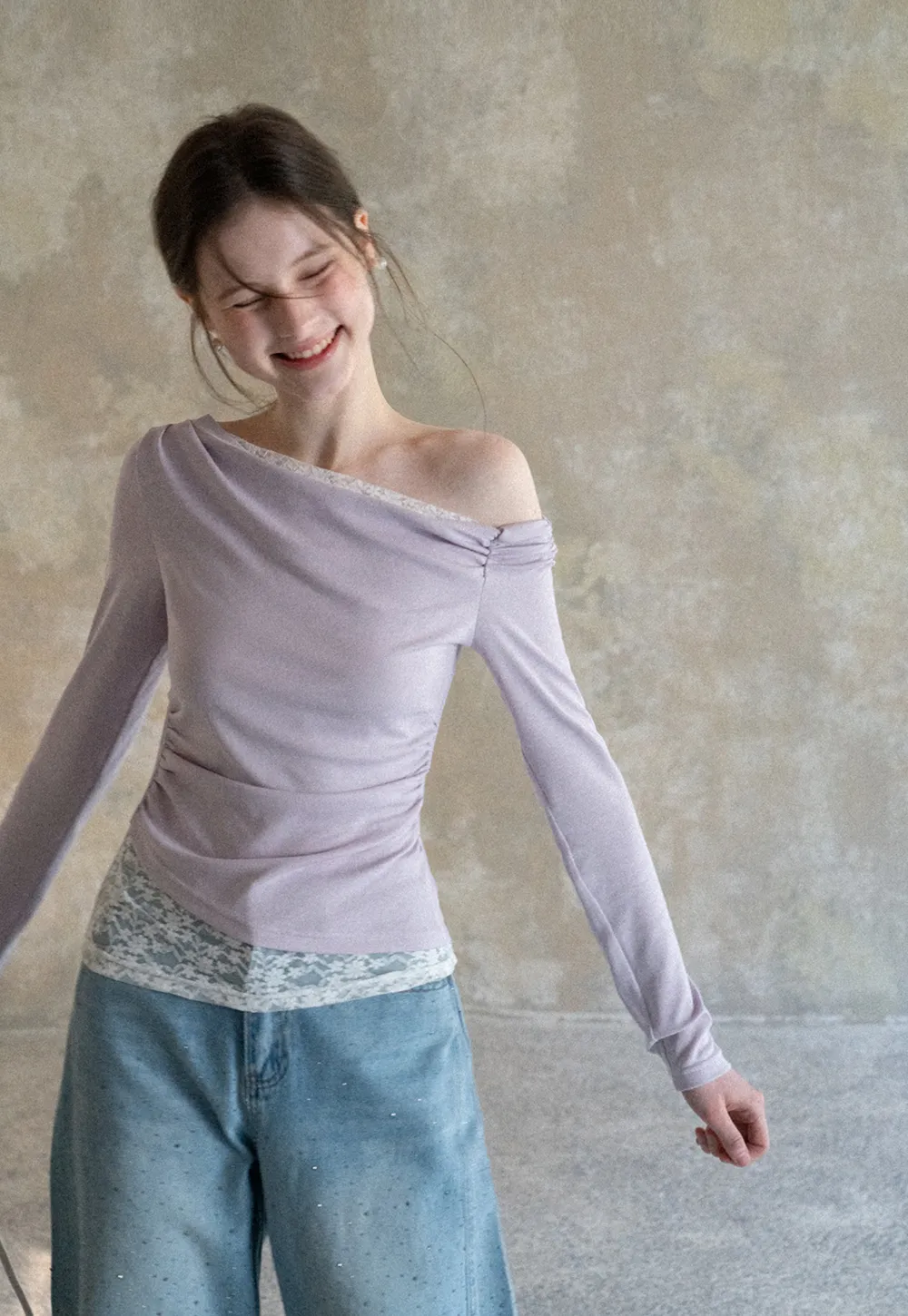 Off shoulder long sleeve top with lace trim