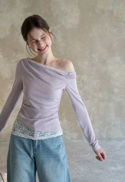 Off shoulder long sleeve top with lace trim