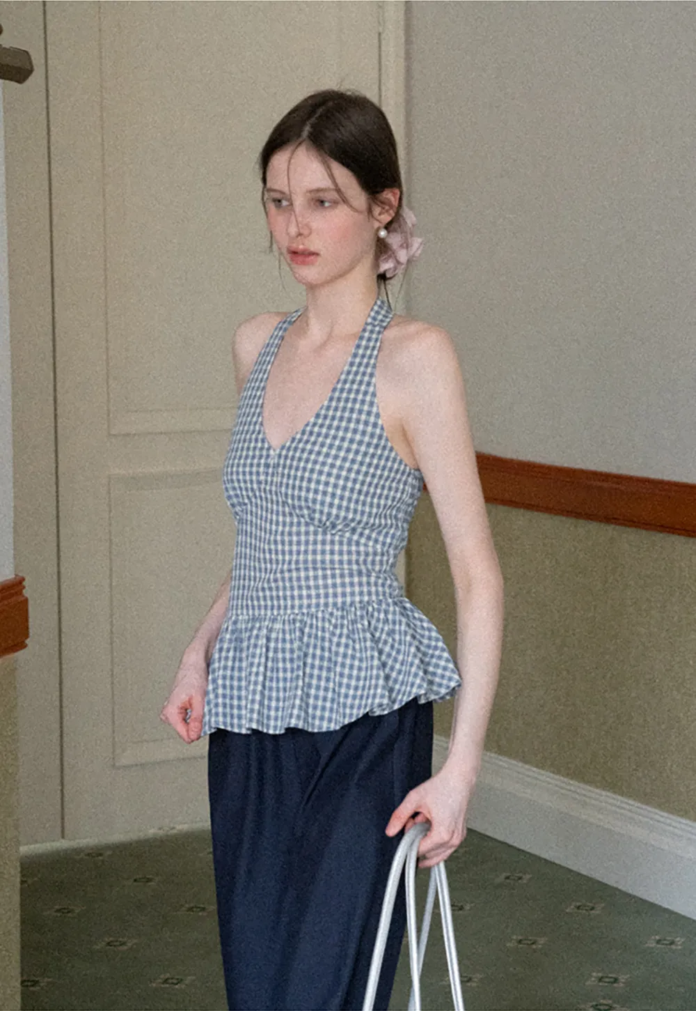 Gingham Halter Neck Peplum Top