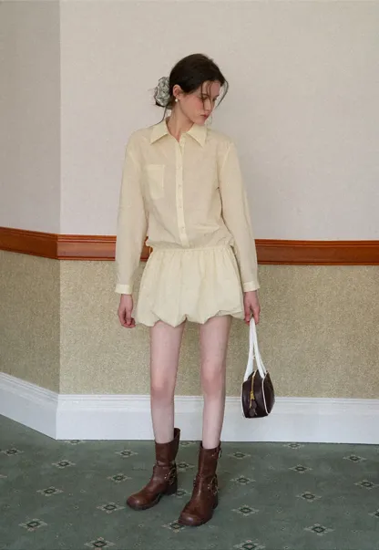 Button Front Shirt Dress with Pleated Pocket and Elastic Waist