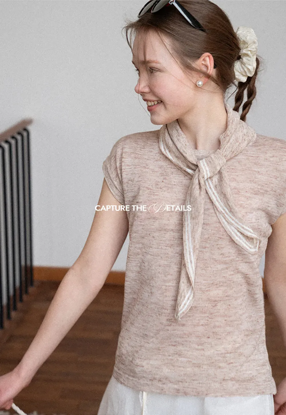 Short Sleeve Knit Sweater with Neck Tie Detail