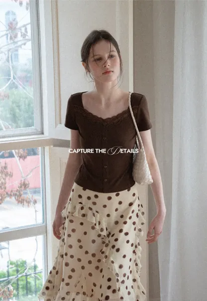 Short Sleeve Button Front Top with Lace Trim