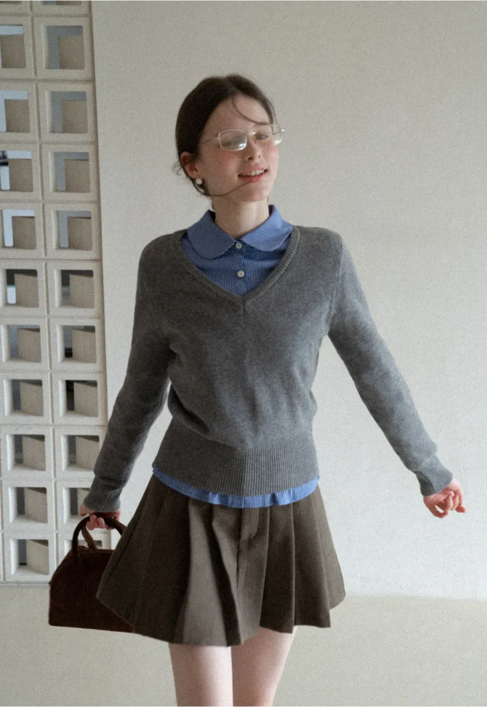 V Neck Knit Sweater with Layered Collar Design