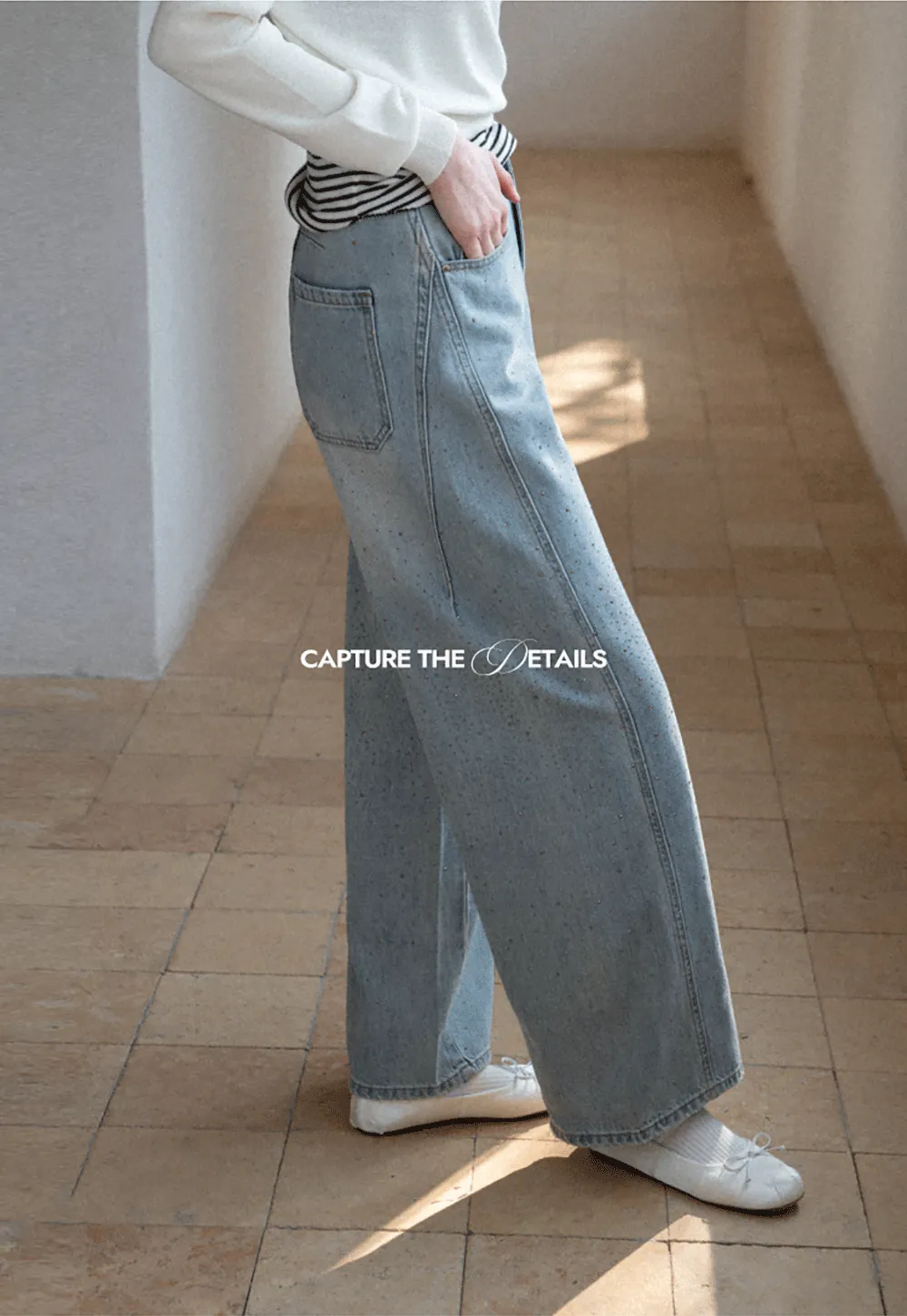 Wide leg jeans with subtle dot embellishments
