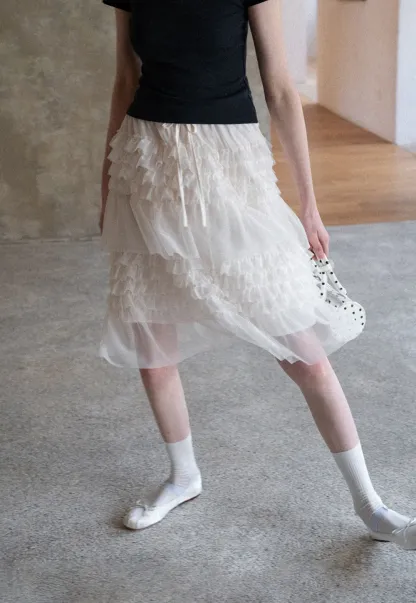 Tiered Ruffled Sheer Skirt with Drawstring Waist