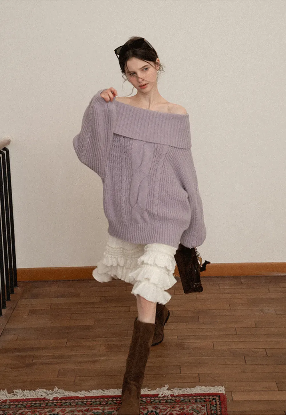 Gray Cable-Knit Turtleneck Sweater