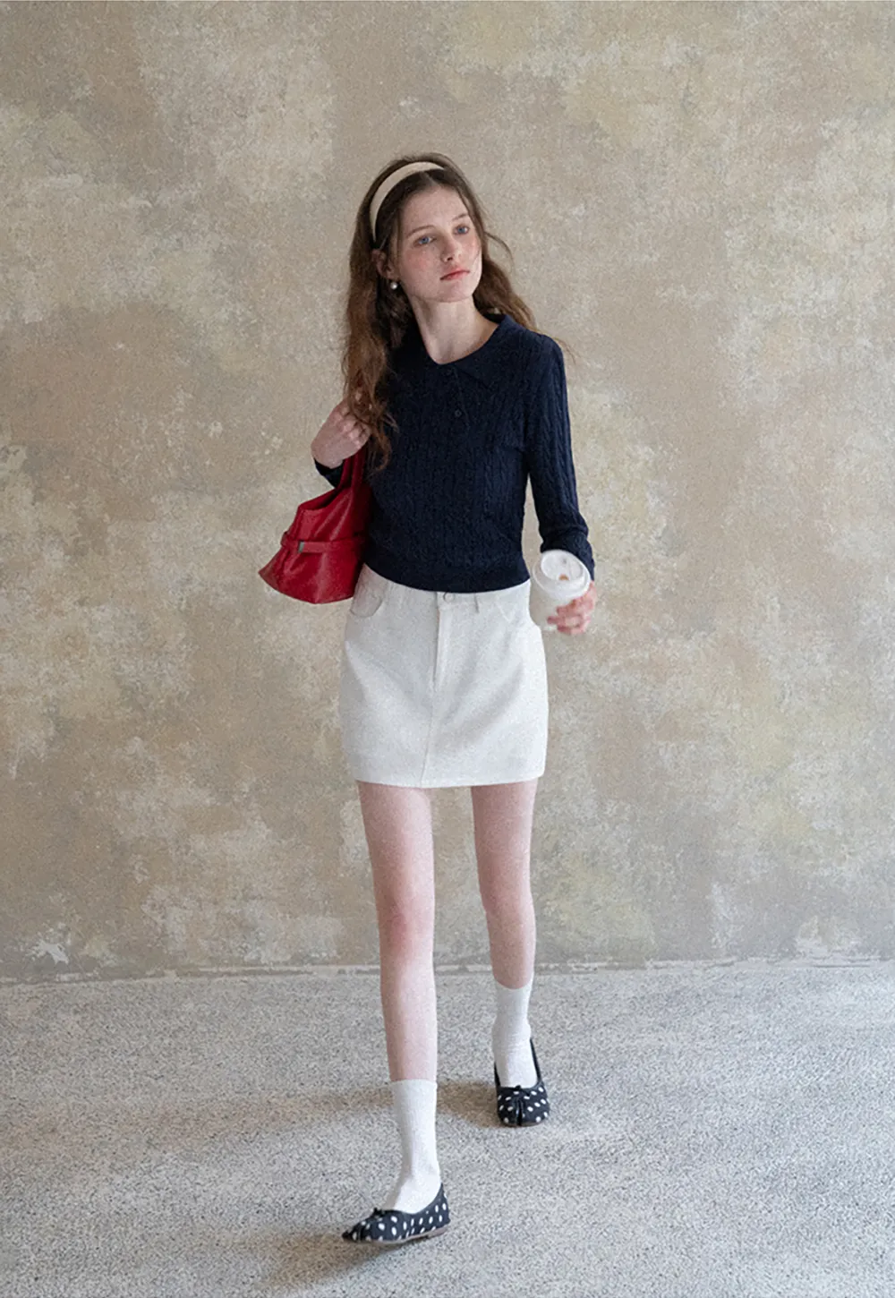 Cable Knit Long Sleeve Polo Neck Cropped Sweater