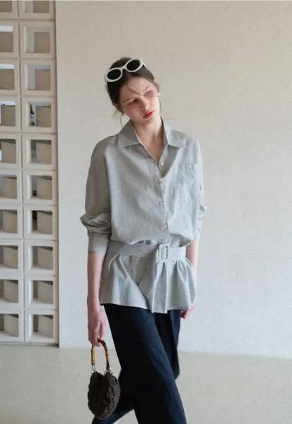 Striped Shirt with Belt and Lace Trim Tank Top