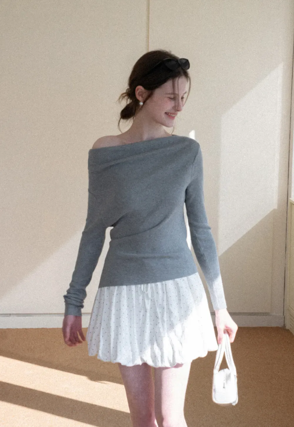 Polka dot pleated mini skirt with drawstring waist