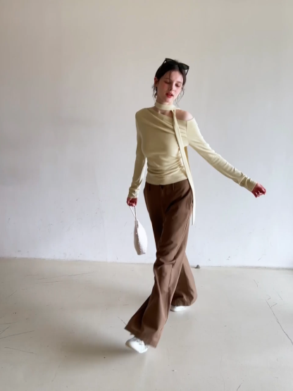 Long sleeve off shoulder top with neck tie detail