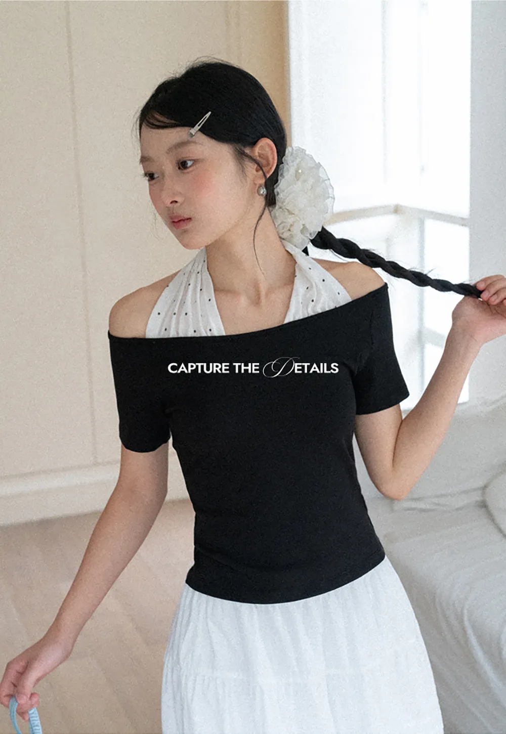 Off shoulder short sleeve top with halter neck detail