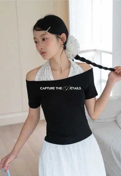 Off shoulder short sleeve top with halter neck detail