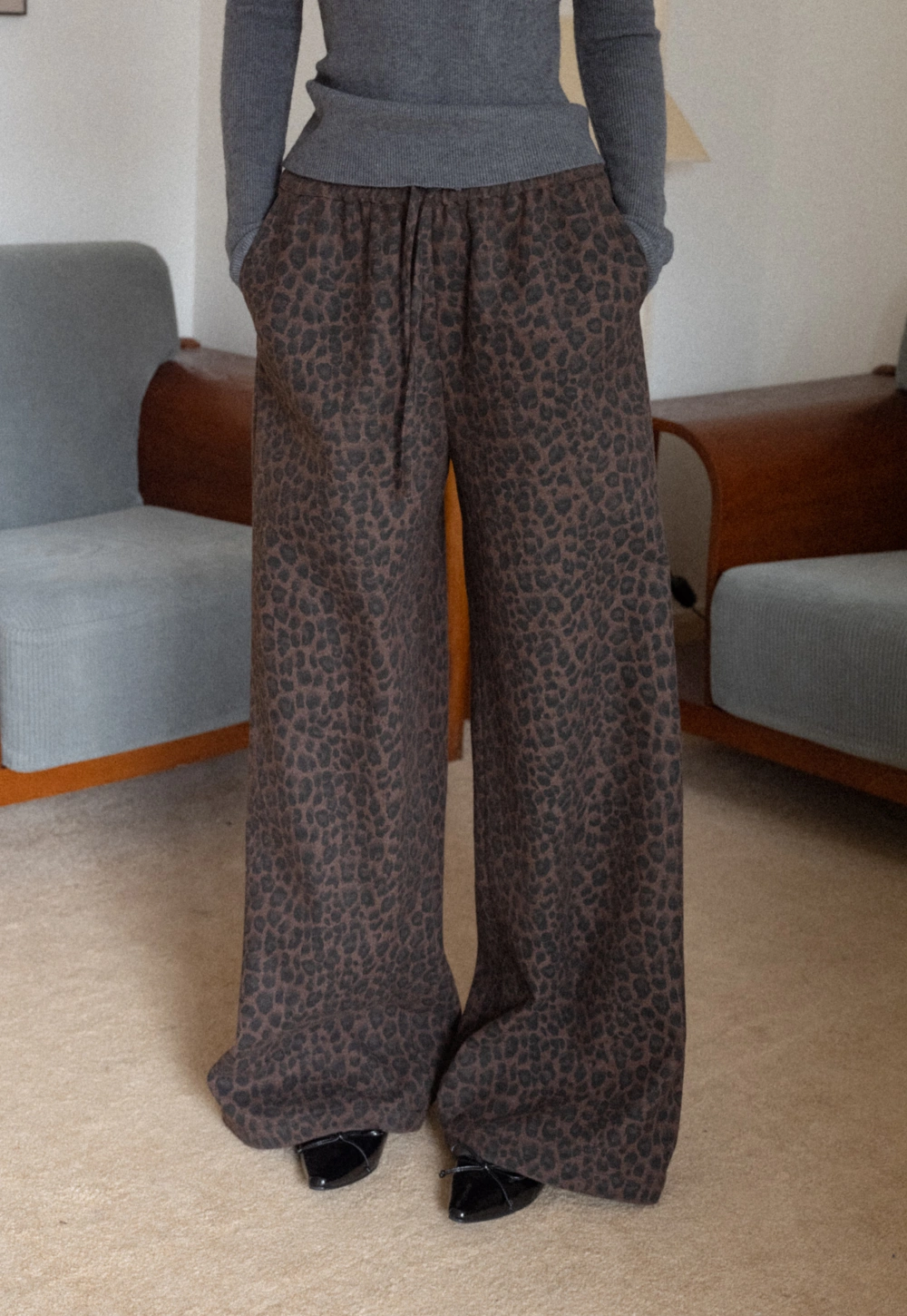 Women Leopard Print Wide-Leg Pants with Drawstring Waist