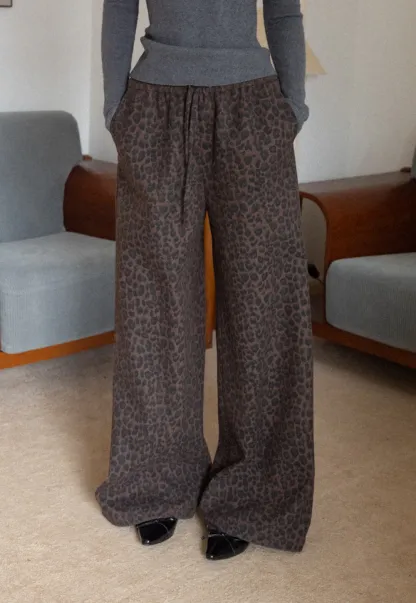 Women Leopard Print Wide-Leg Pants with Drawstring Waist
