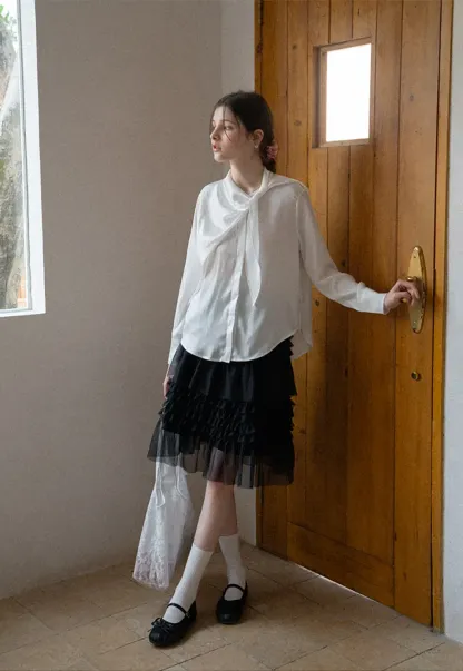 Ribbed Long Sleeve Shirt with Tie Neck Detail