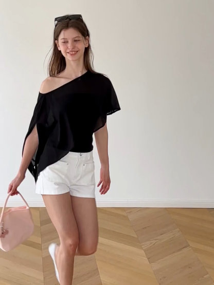 Asymmetrical Sheer Panel Off Shoulder T Shirt