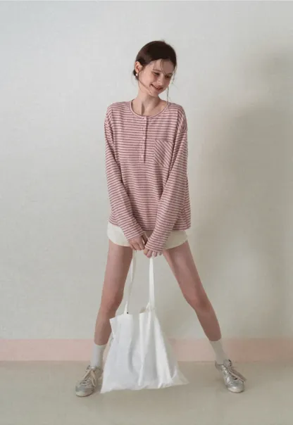 Long sleeve striped henley shirt with chest pocket