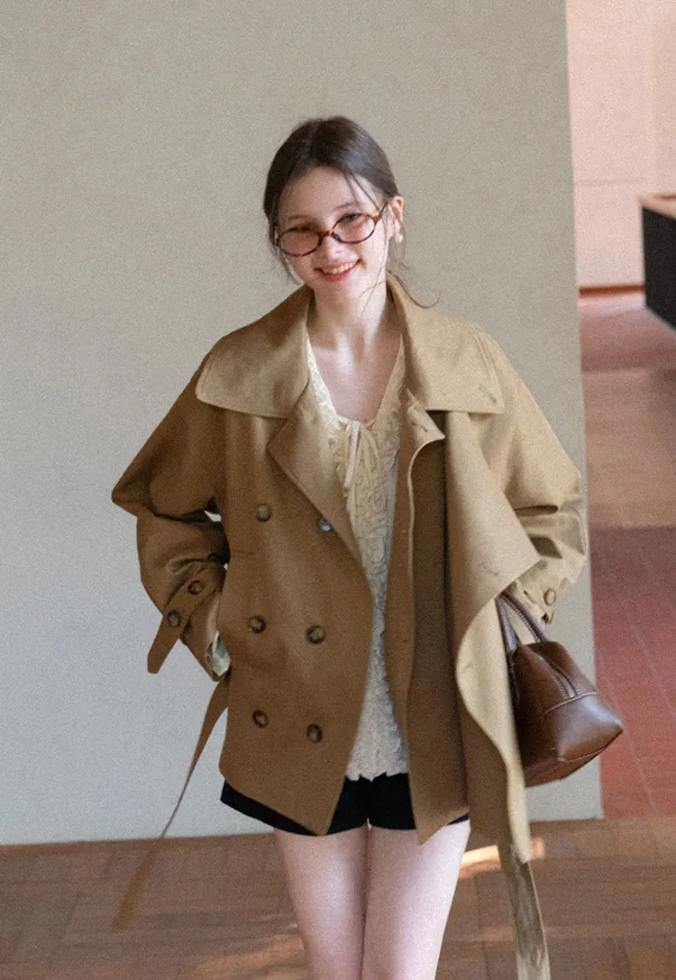 Double Breasted Short Jacket with Belted Waist