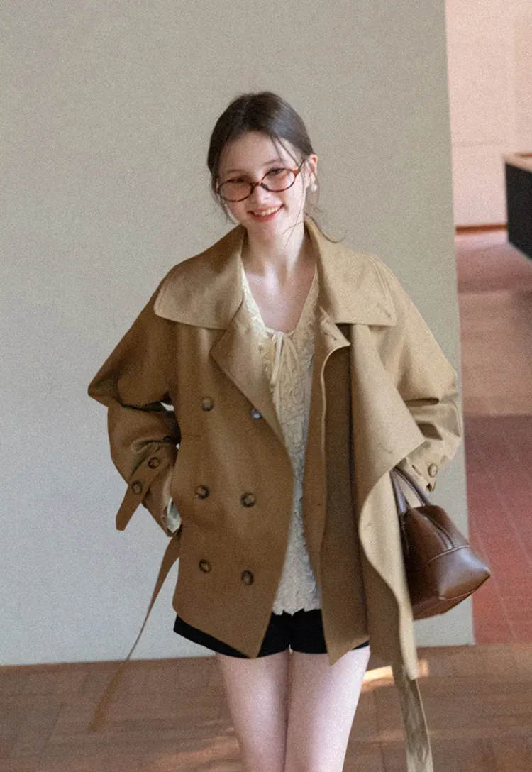 Double Breasted Short Jacket with Belted Waist