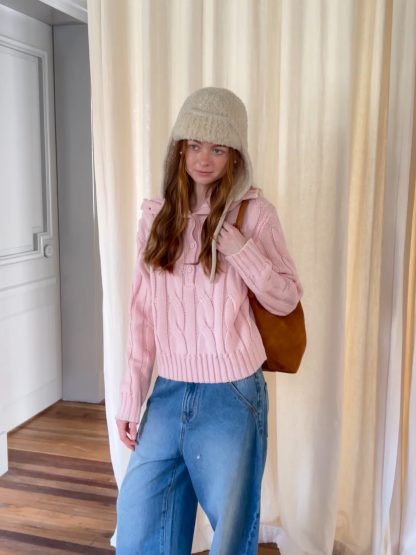 Cable Knit Turtleneck Sweater with Ribbed Sleeves and Hem