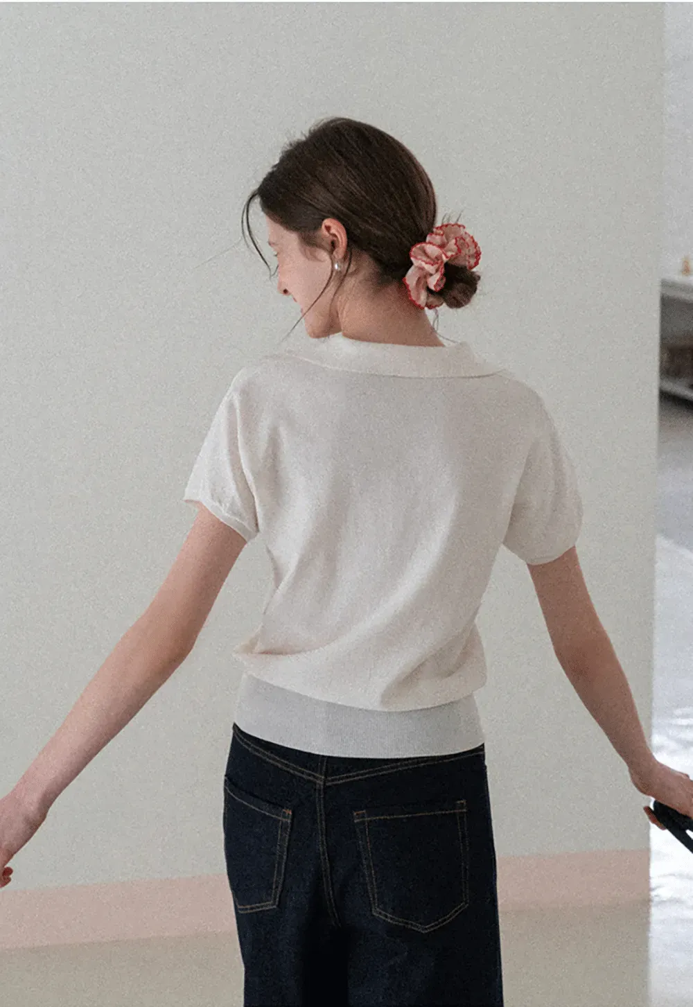 V Neck Short Sleeve Knit Sweater with Collar