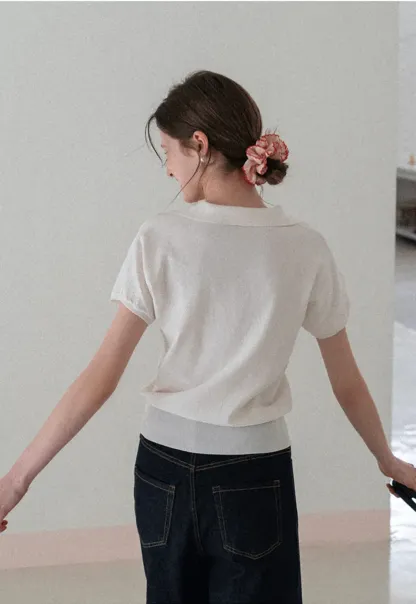 V Neck Short Sleeve Knit Sweater with Collar