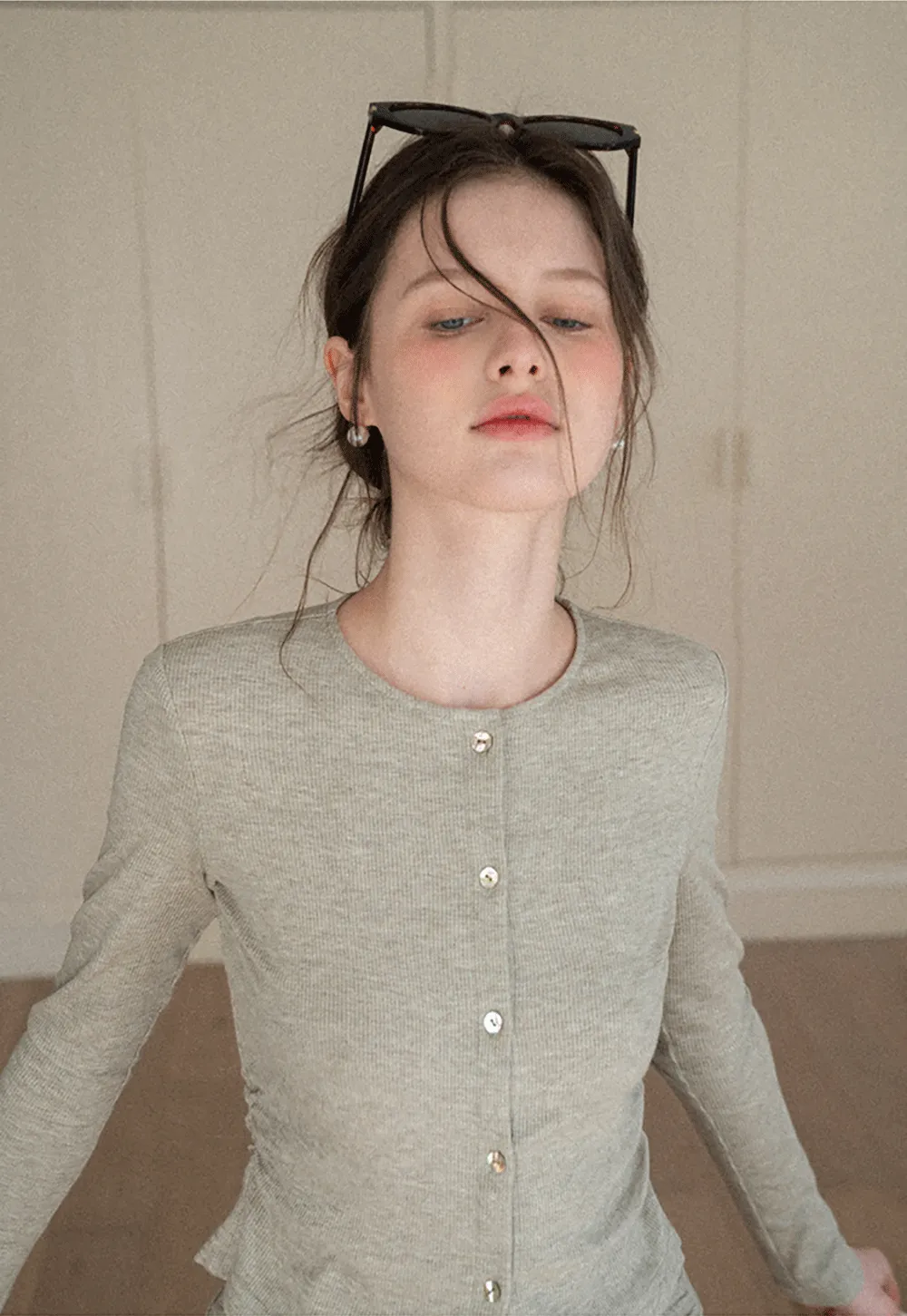 Long sleeve button front top and asymmetrical skirt