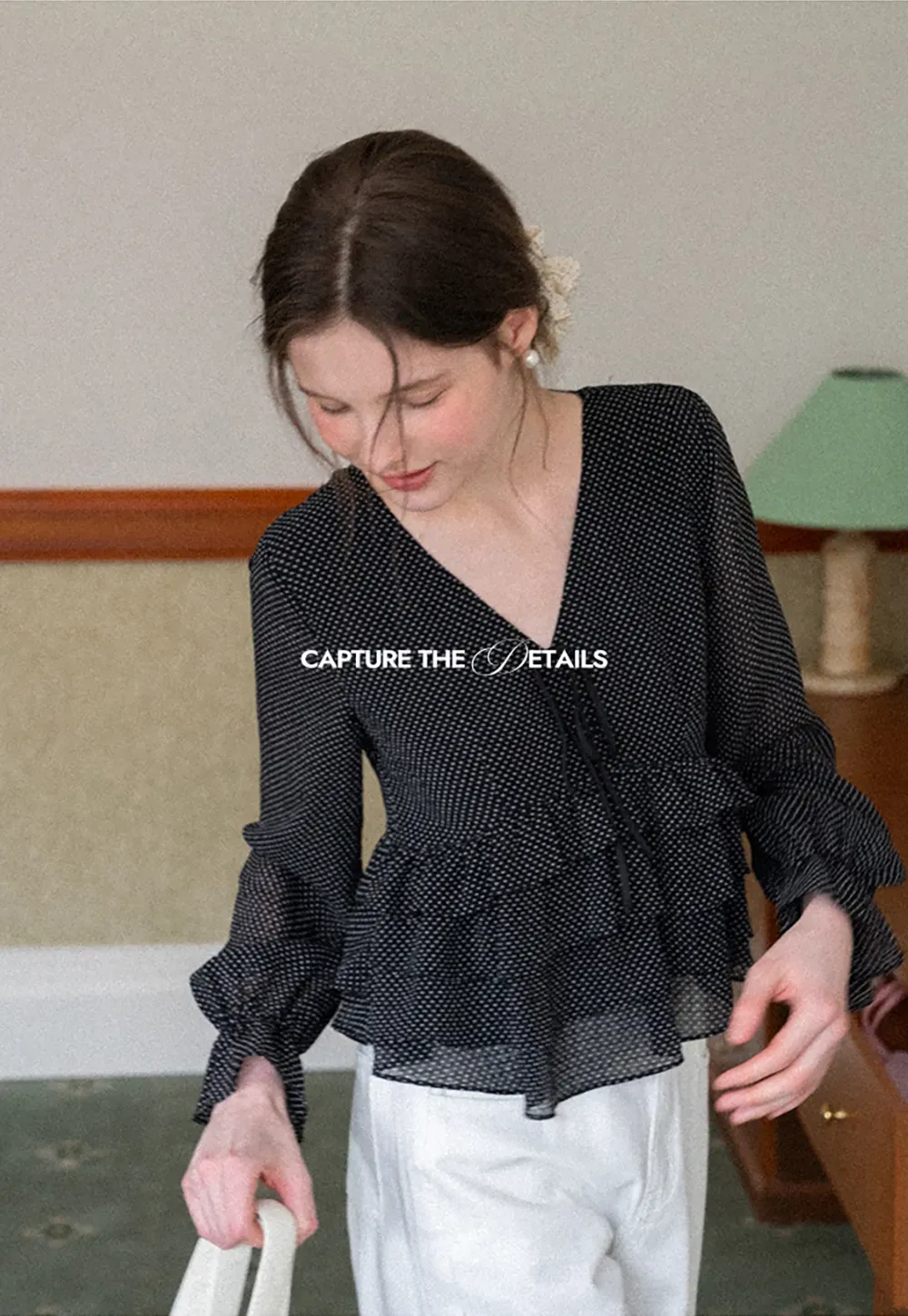 Polka Dot Sheer Blouse with Ruffled Hem and Tie Neck