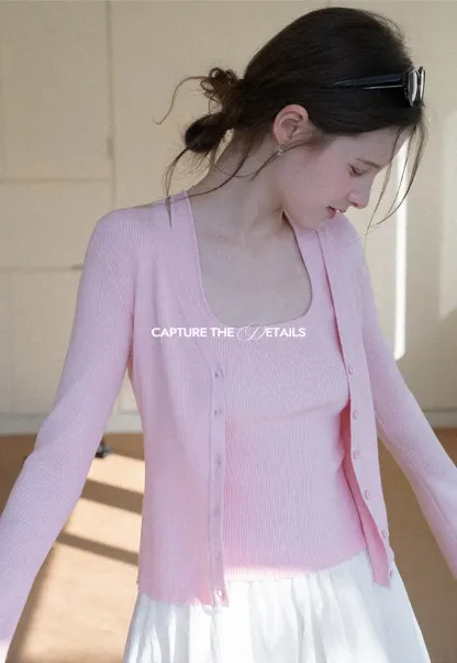 Light Knit Sweater Set with Tank Top and Cardigan Design