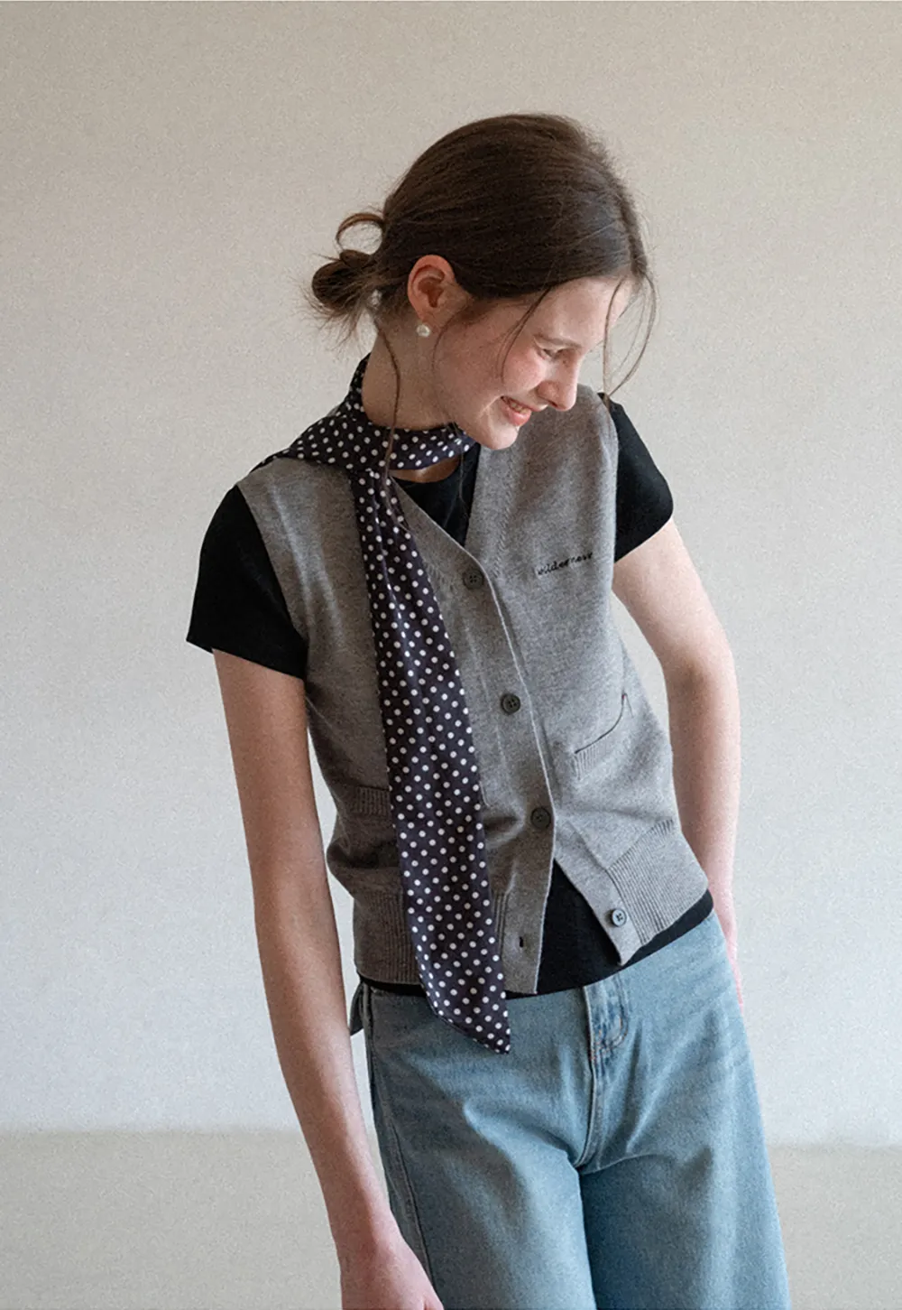 Knitted Vest with Button Closure and Embroidery