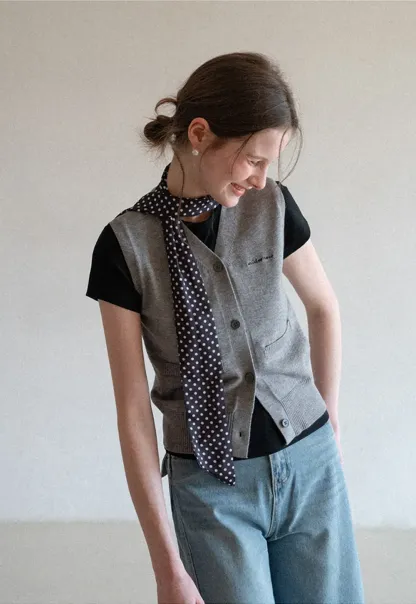 Knitted Vest with Button Closure and Embroidery