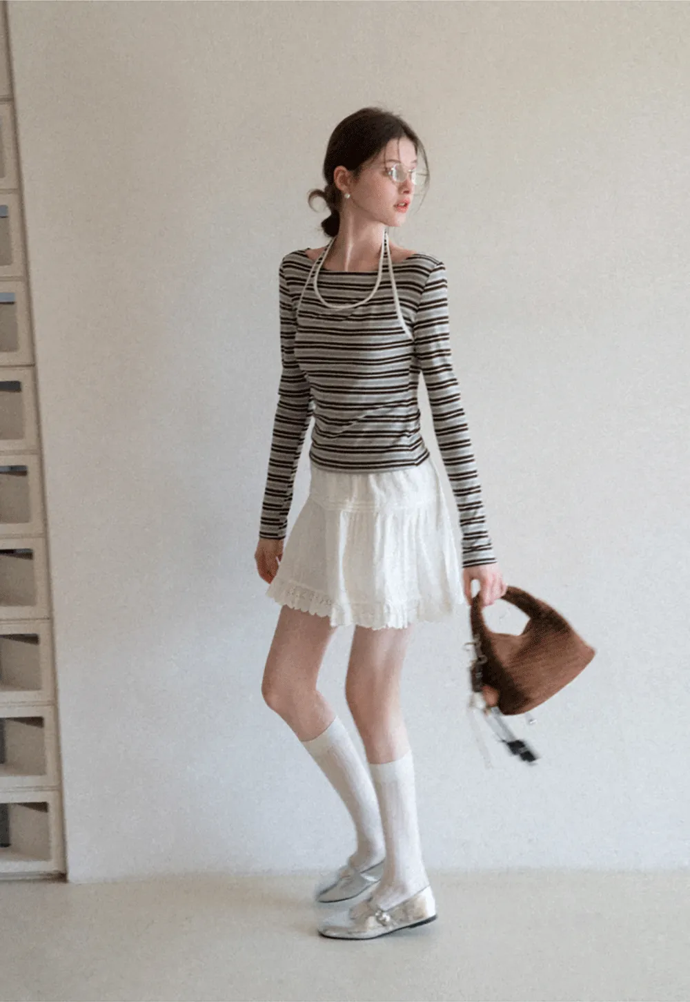 Long sleeve striped top with halter neck detail