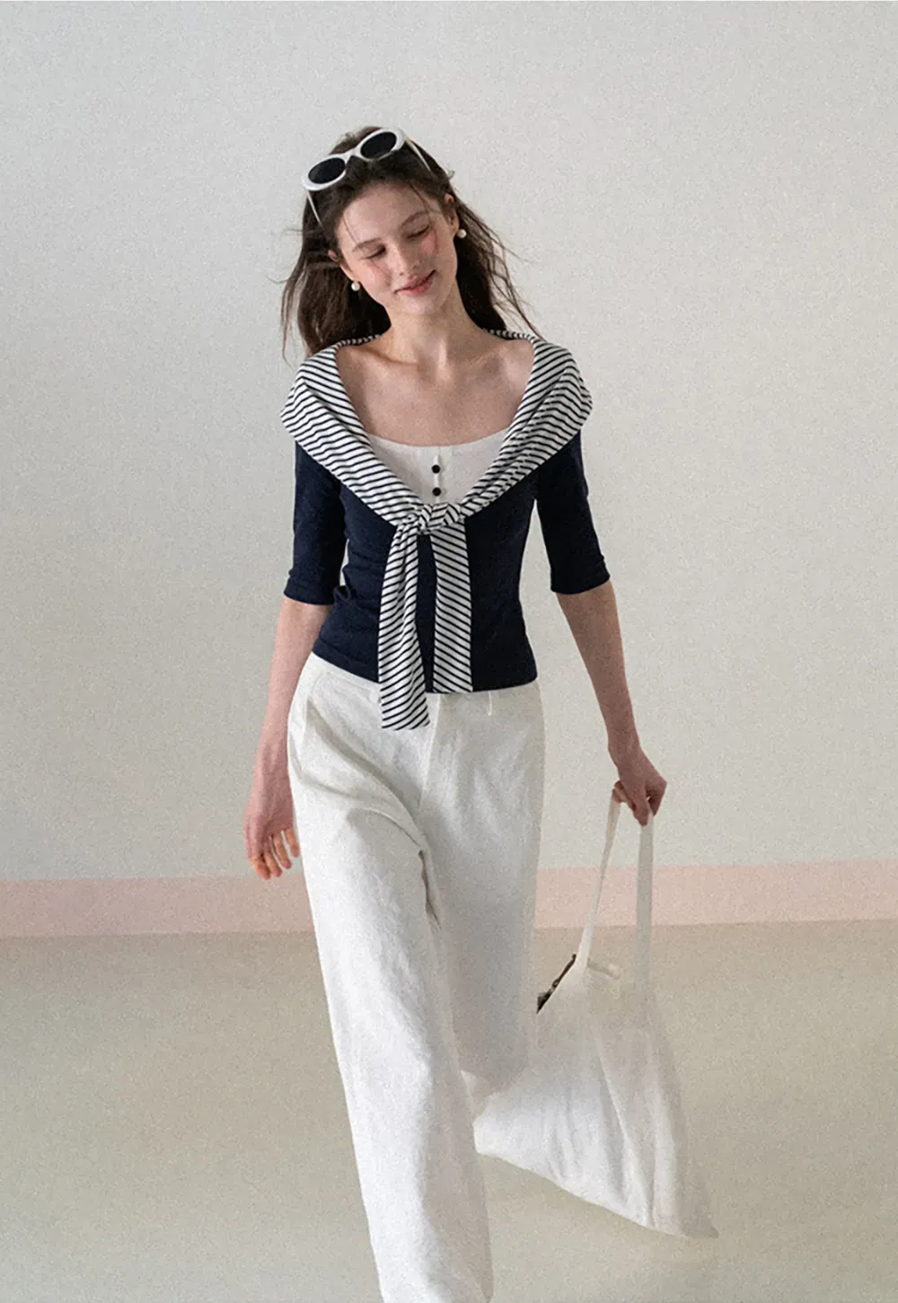 Striped collar tie front short sleeve top