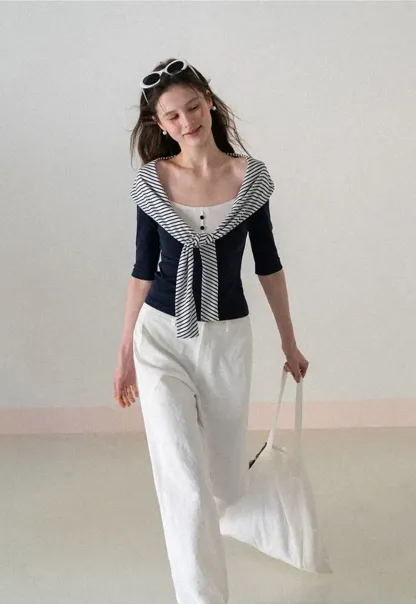 Striped collar tie front short sleeve top