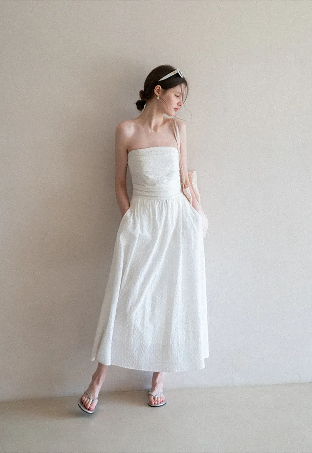 Strapless A-line Midi Dress with Ruched Bodice