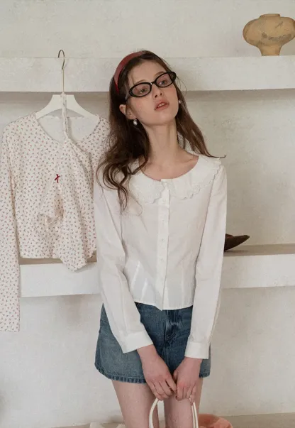 Long sleeve button front shirt with lace collar