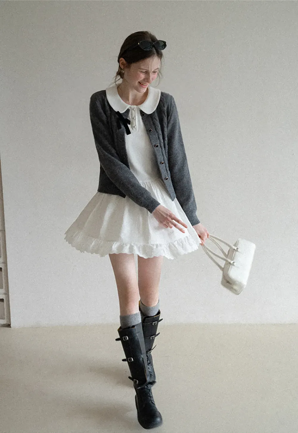 Elegant Long Sleeve Dress with Lace Trim and Flared Skirt