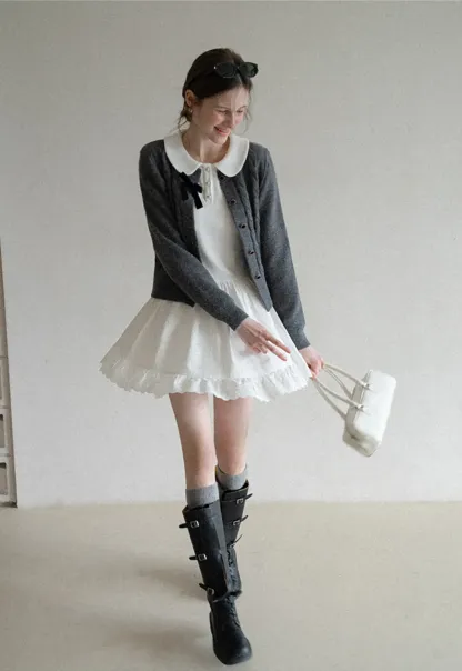 Elegant Long Sleeve Dress with Lace Trim and Flared Skirt