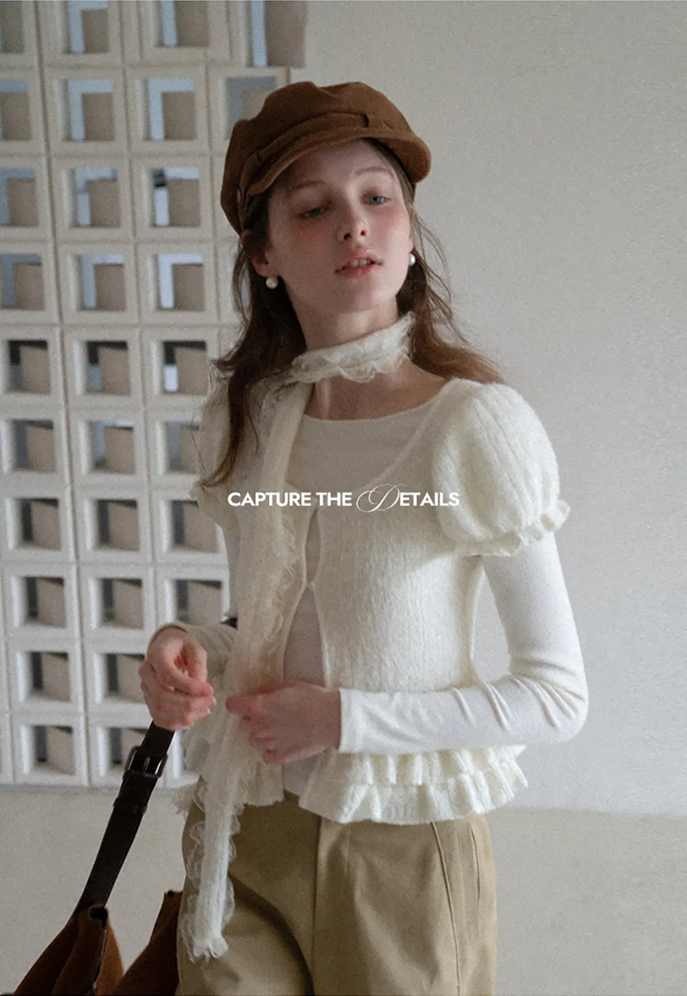 floral lace top with puffed sleeves and ruffled hem