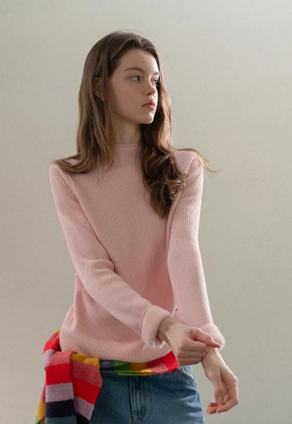 Stand-Collar Ribbed Fleece Knit Top