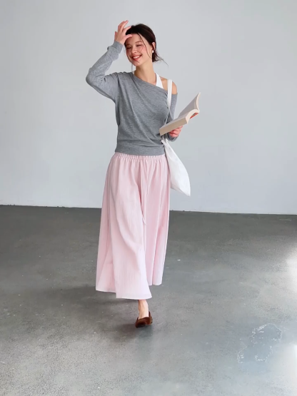 Women One‑Shoulder Long Sleeve Grey Knit Top