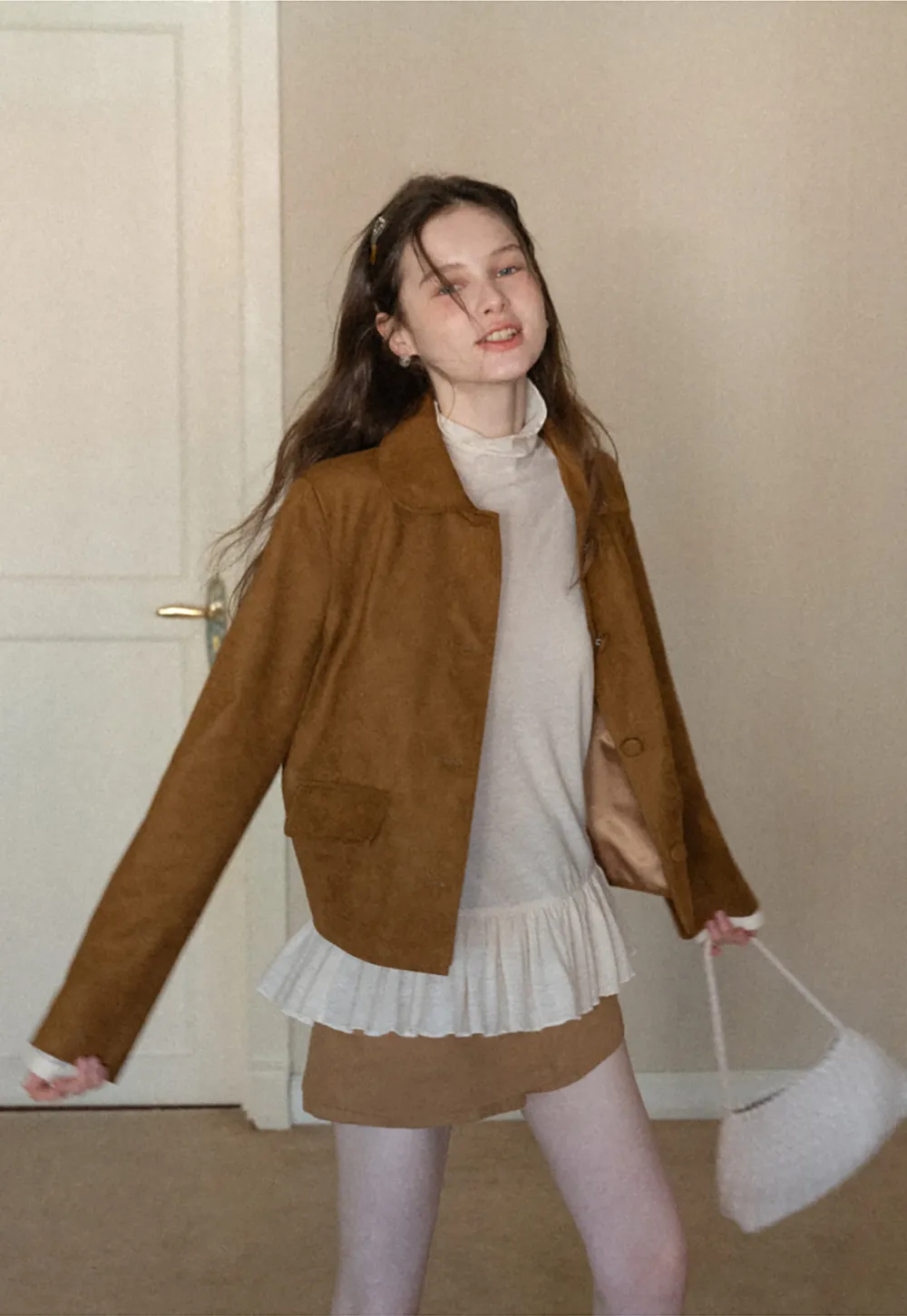 Soft Faux Suede Jacket with Button Closure and Collar Design