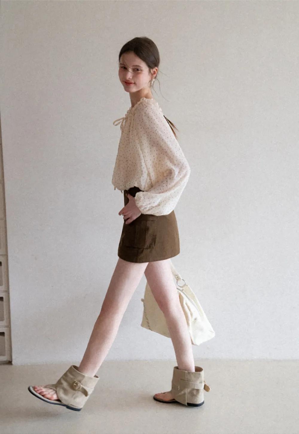 Polka Dot Ruffled Off Shoulder Chiffon Blouse