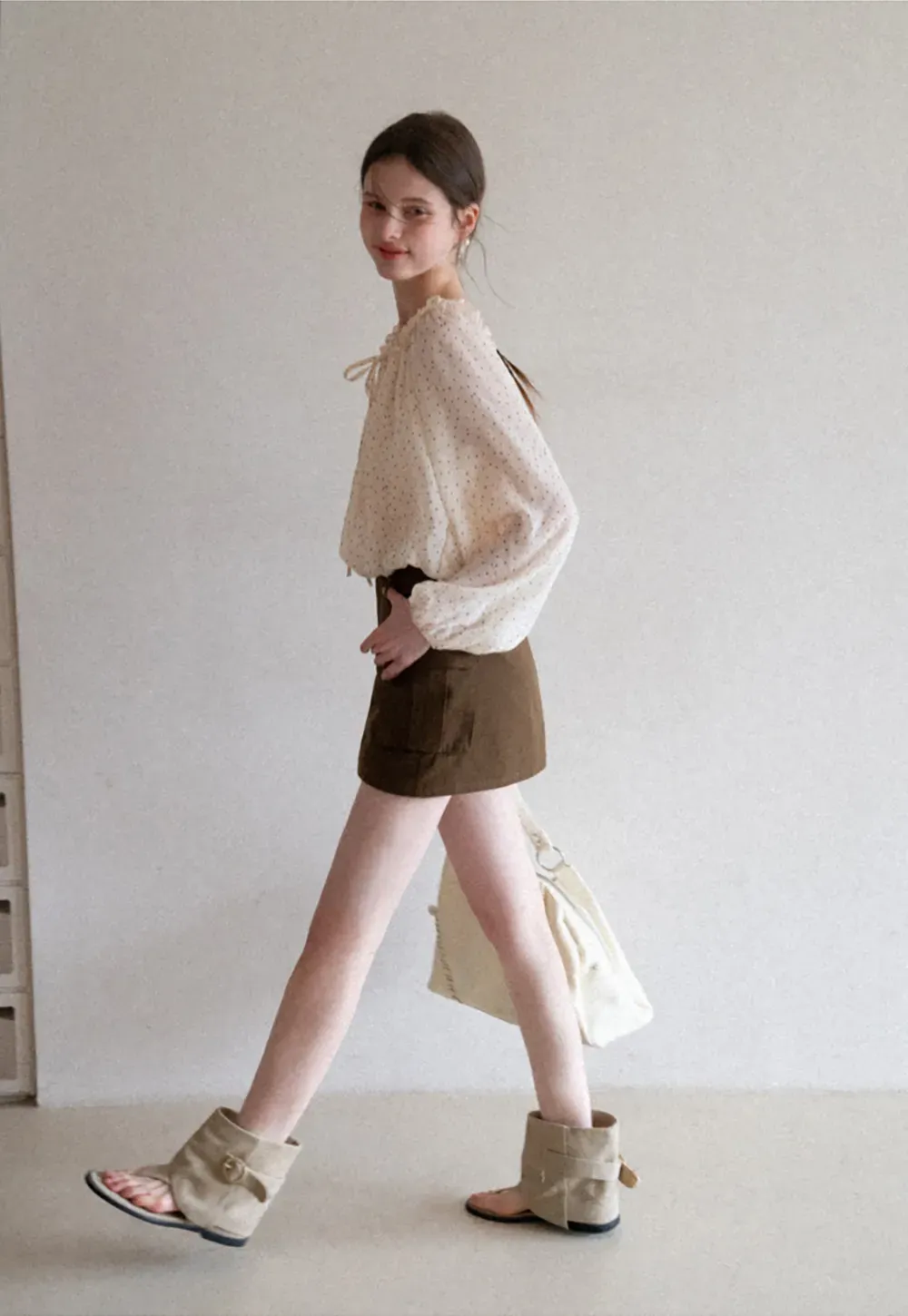 Polka Dot Ruffled Off Shoulder Chiffon Blouse