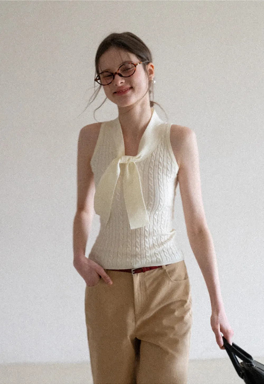 Knit Sleeveless Top with Front Bow Detail