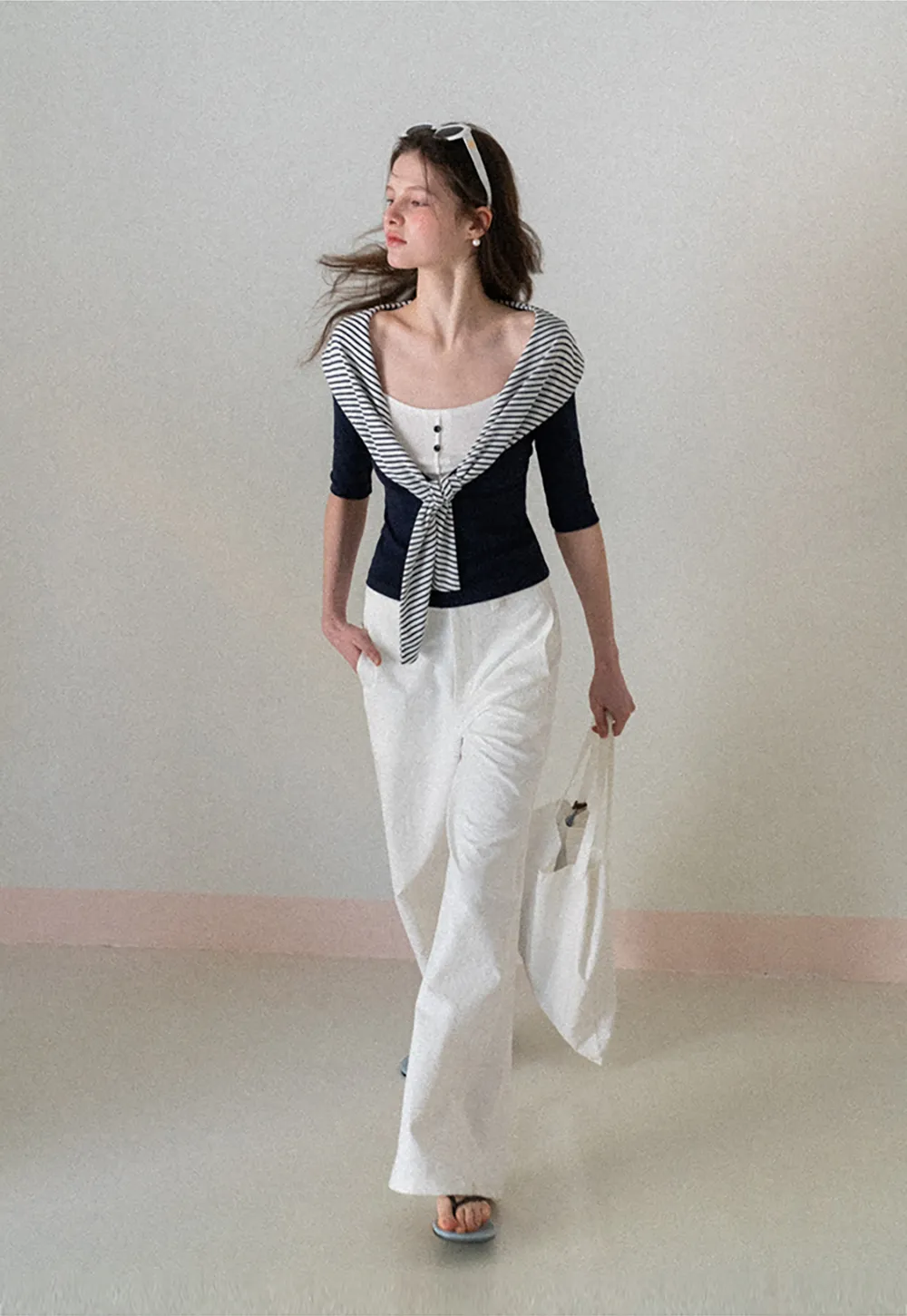 Striped collar tie front short sleeve top